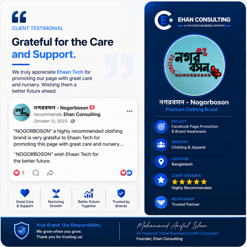 Nogorboson client testimonial for Ehan Consulting Facebook page promotion and brand awareness