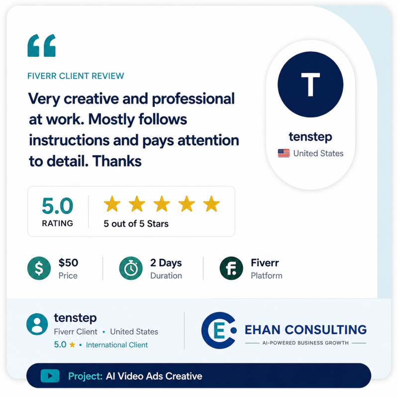 tenstep Fiverr client testimonial for Ehan Consulting AI video ads creative