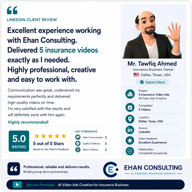 Mr. Tawfiq Ahmed LinkedIn client testimonial for Ehan Consulting insurance video ads