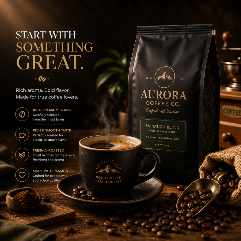 Premium coffee product and cup in a luxury commercial advertisement