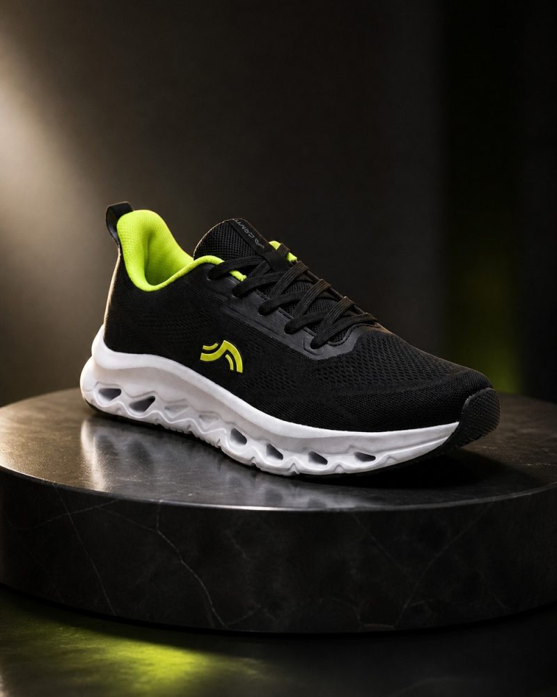 Ben Nevis Bangladesh Black Volt running shoe, AI product photoshoot on a dark stone pedestal