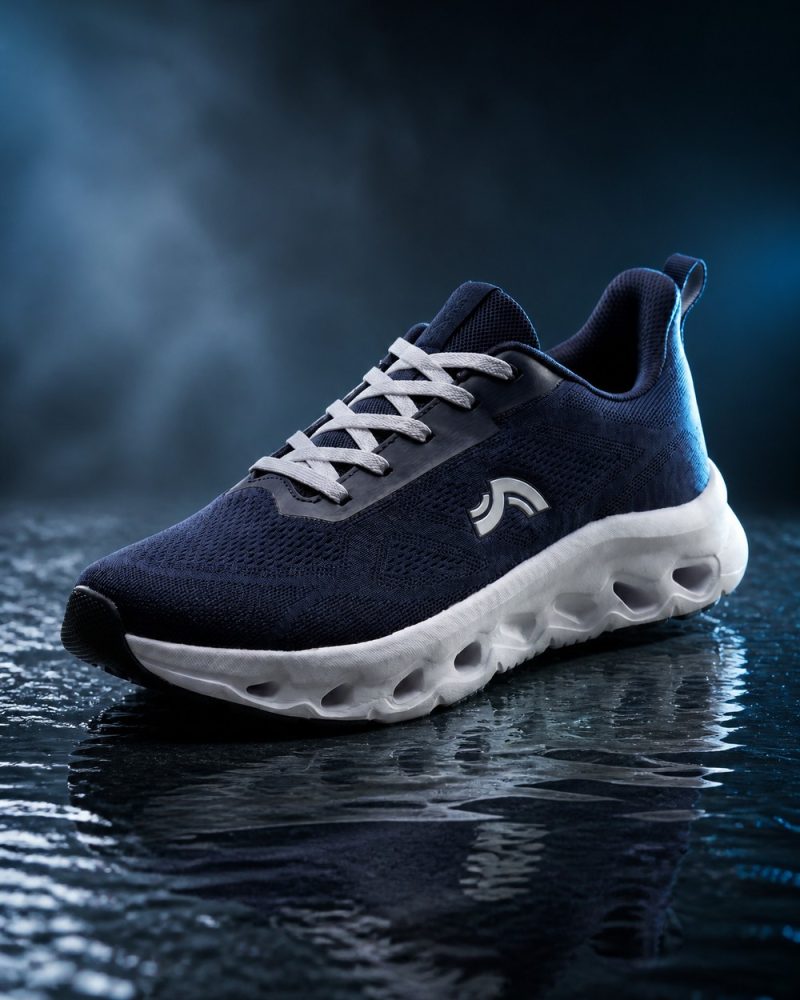 Ben Nevis Bangladesh Midnight Navy running shoe, AI product photoshoot on a reflective wet surface