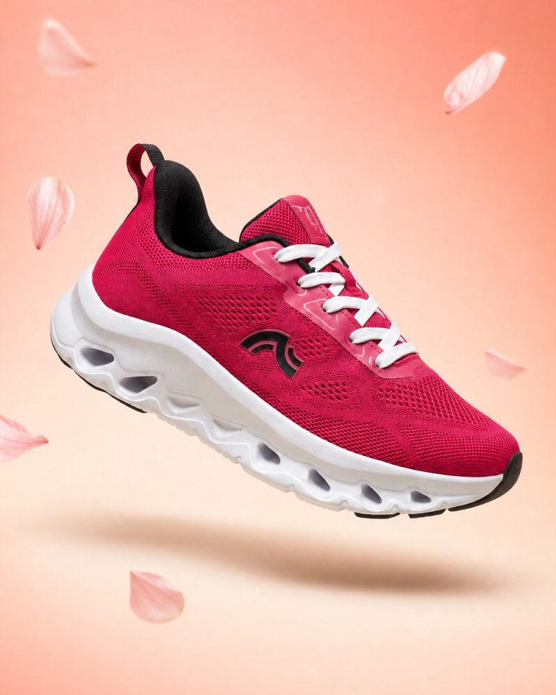 Ben Nevis Bangladesh Pink Pulse running shoe floating on a coral studio backdrop with petals, AI product photoshoot