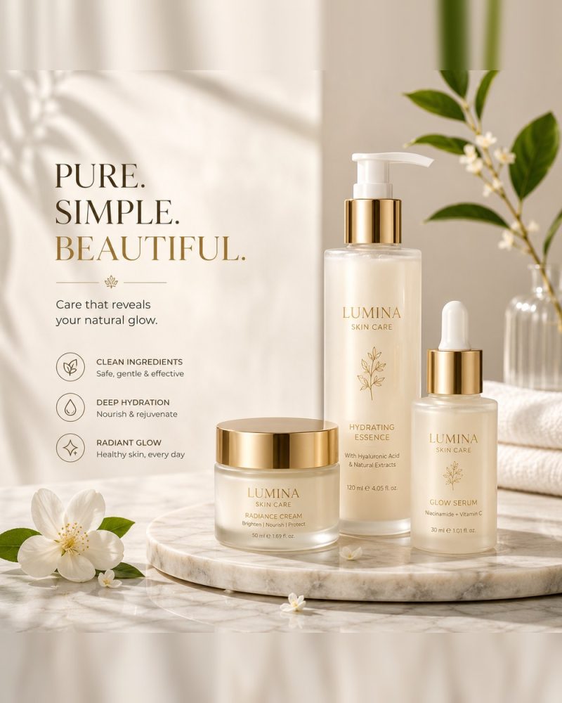 Concept skincare brand product photography: cleanser, serum and cream on a marble tray with white flowers