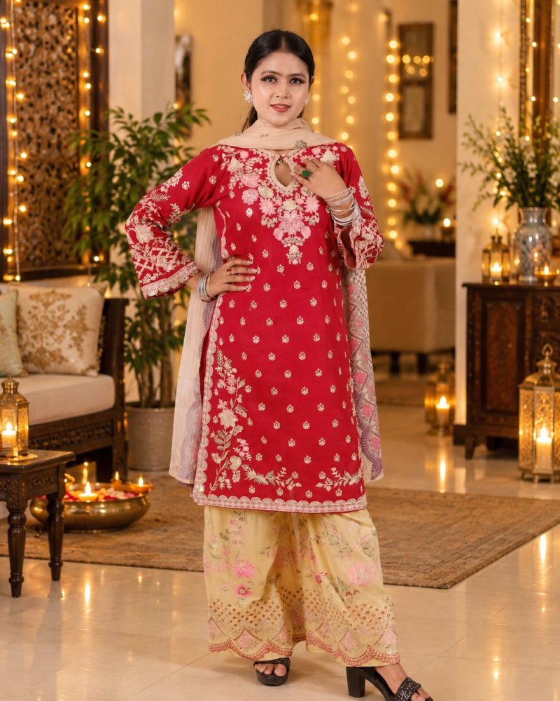 Arisha Elegance red embroidered kurta set in a festive setting, AI lifestyle visual