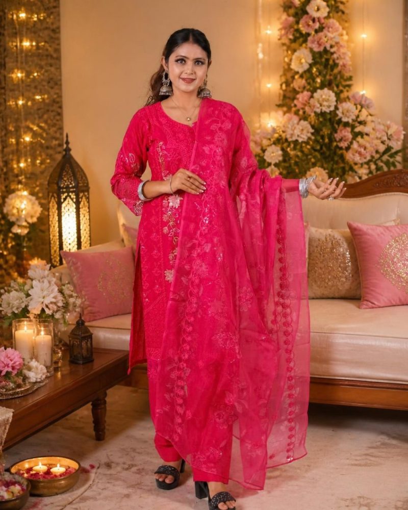Arisha Elegance rani pink embroidered dress in a festive setting, AI lifestyle visual