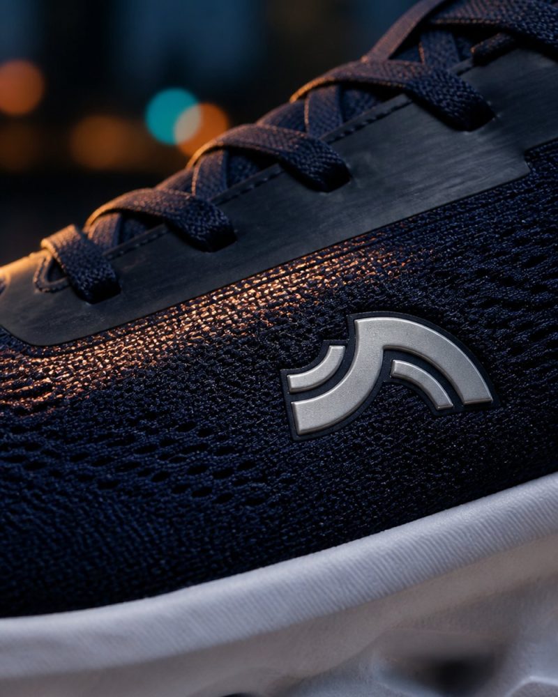 Close-up of the Ben Nevis Midnight Navy running shoe and logo, AI product visual