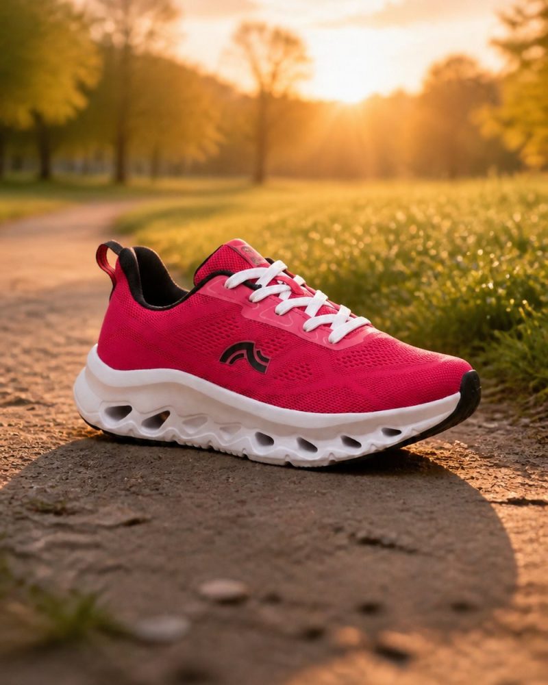 Ben Nevis Bangladesh Pink Pulse running shoe on a park path at sunrise, AI product visual