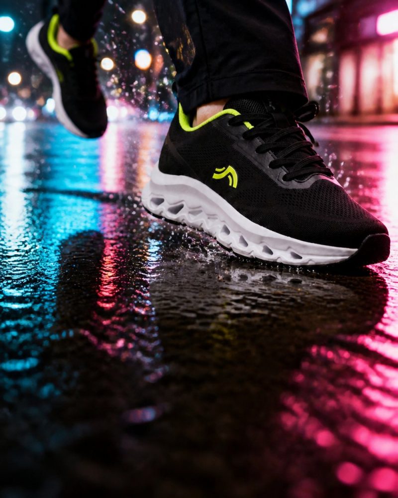 Ben Nevis Black Volt running shoe on a rainy neon-lit street, AI product visual